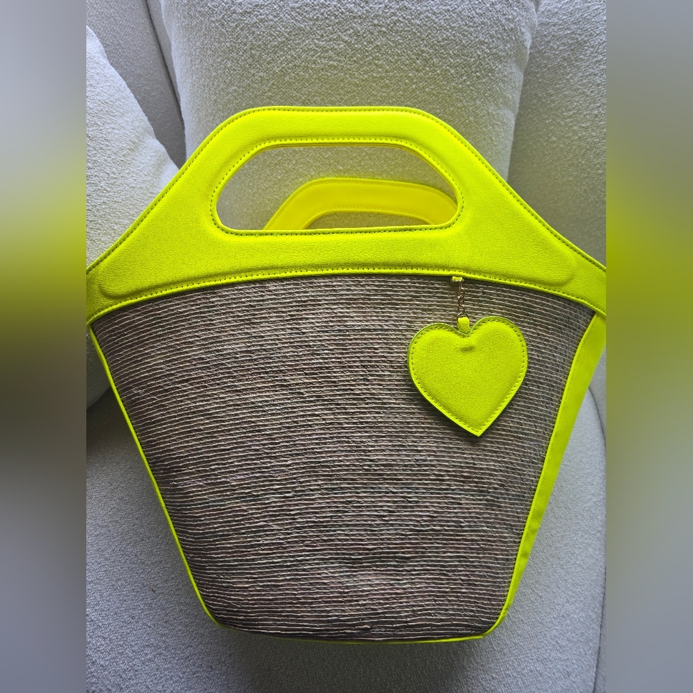 NWT! By Del Rio, Neon Yellow and Straw Tote Bag, MSRP $163